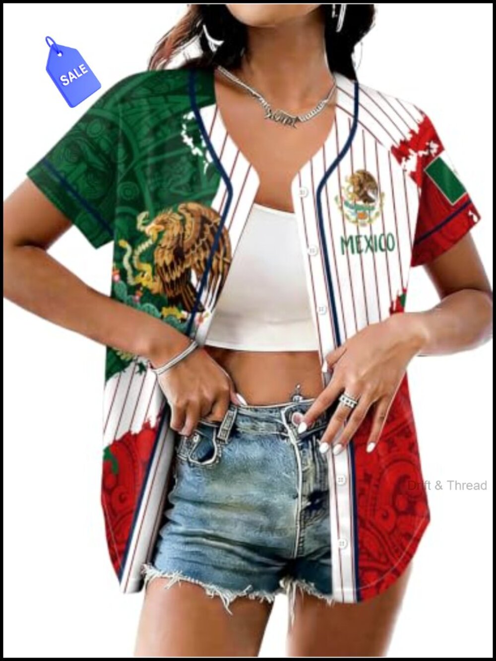Mexico Soccer Jersey Women V-Neck Button Down Short Sleeve Mesh Top